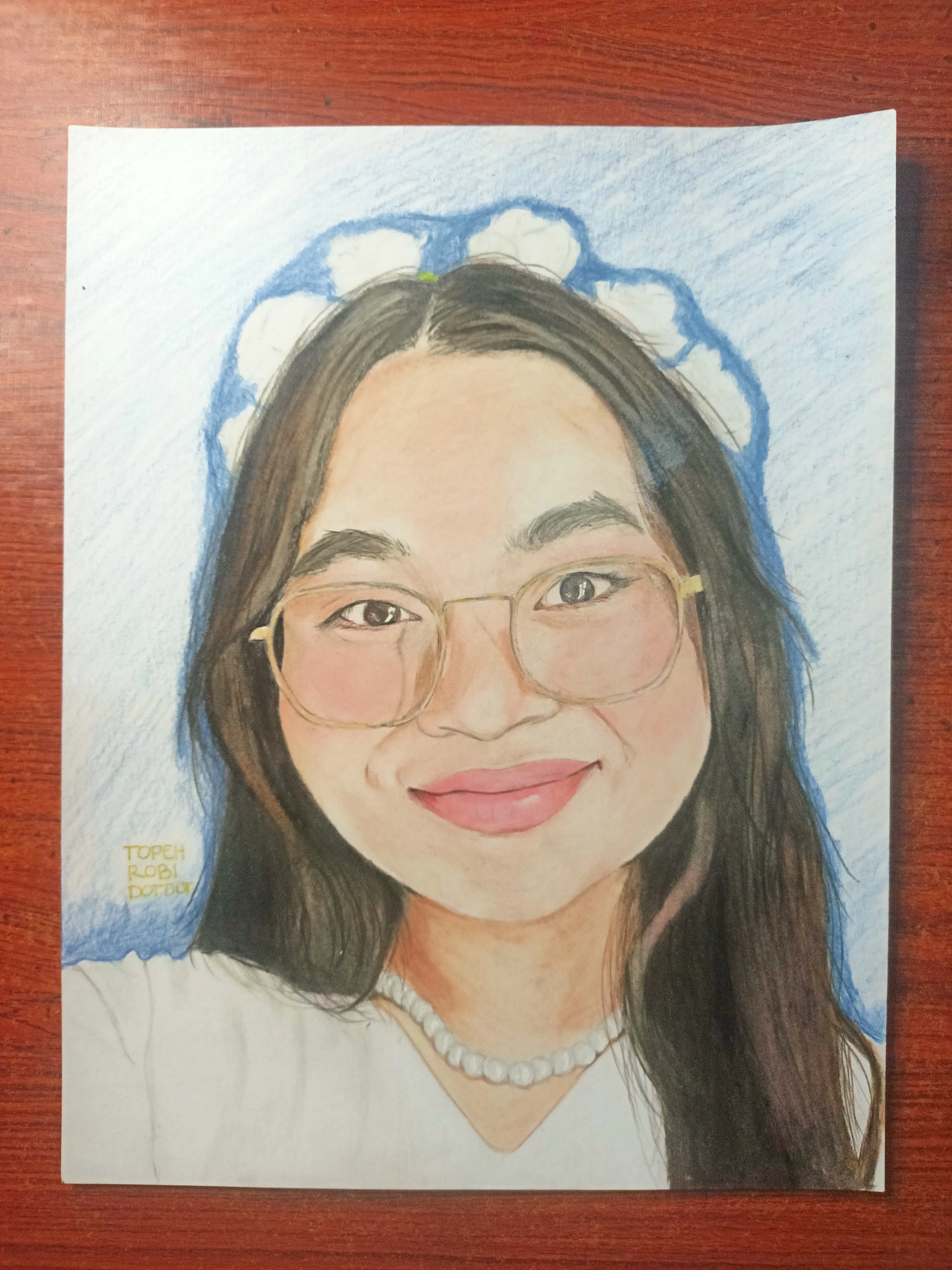 Vibrant colored pencil portrait of Leana in full color, by commissioned artist TOPEH