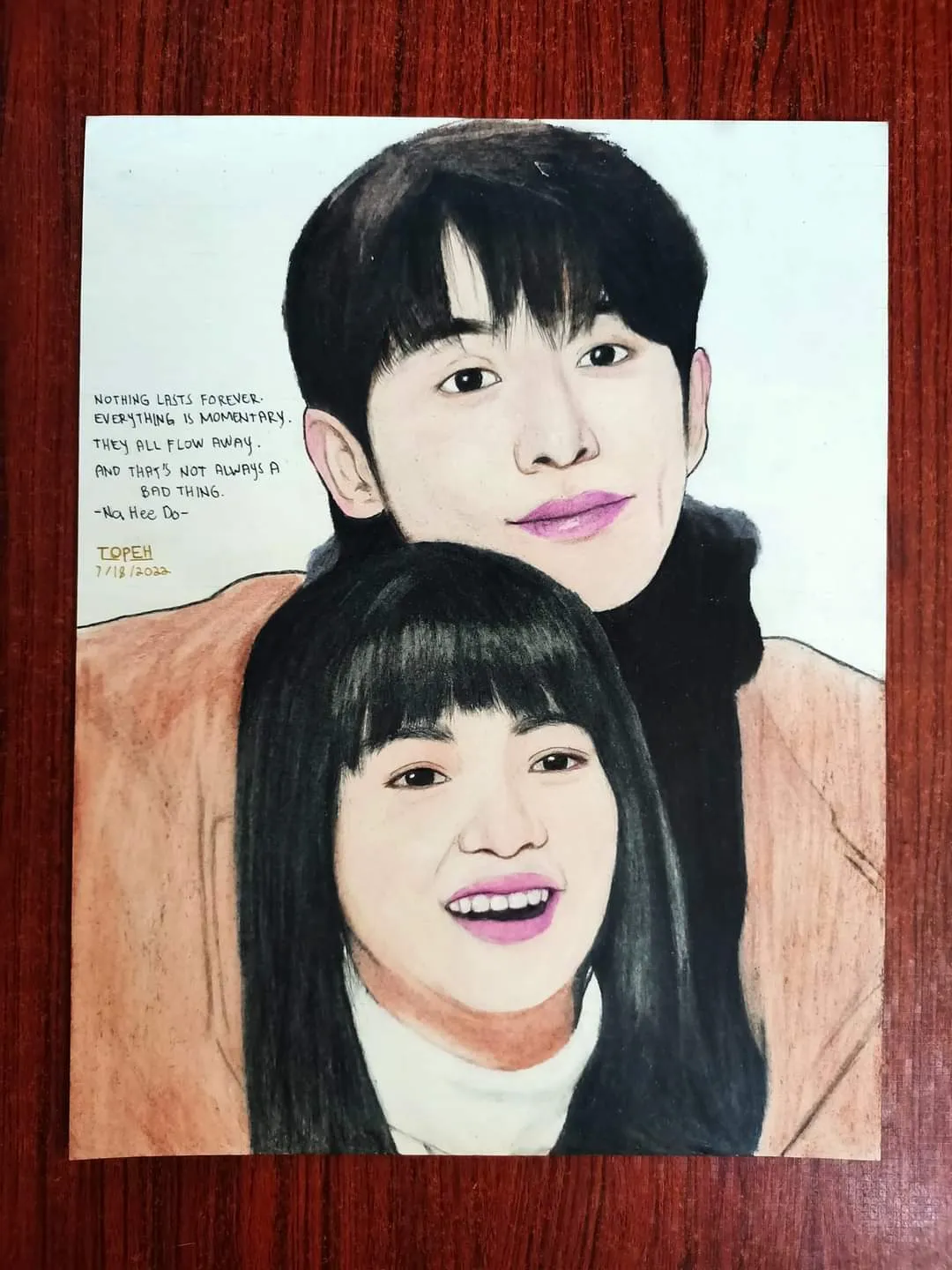 Colored pencil portrait of Na Hee-do and Baek Yi-jin from Twenty-Five Twenty-One K-drama, by TOPEH